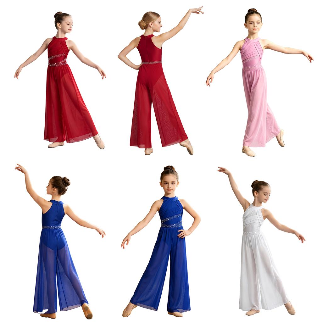 Tuta da Danza Lirica da Bambina Senza Maniche Zip Invisibile sul Retro Rete Lucida con Strass e Ruches Body