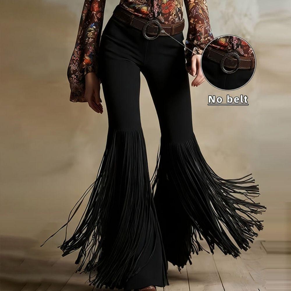 Solid Color Suede Tassel Pants Fringe Hem Slim Fit Flare Pants Retro High Waist Trousers  Party