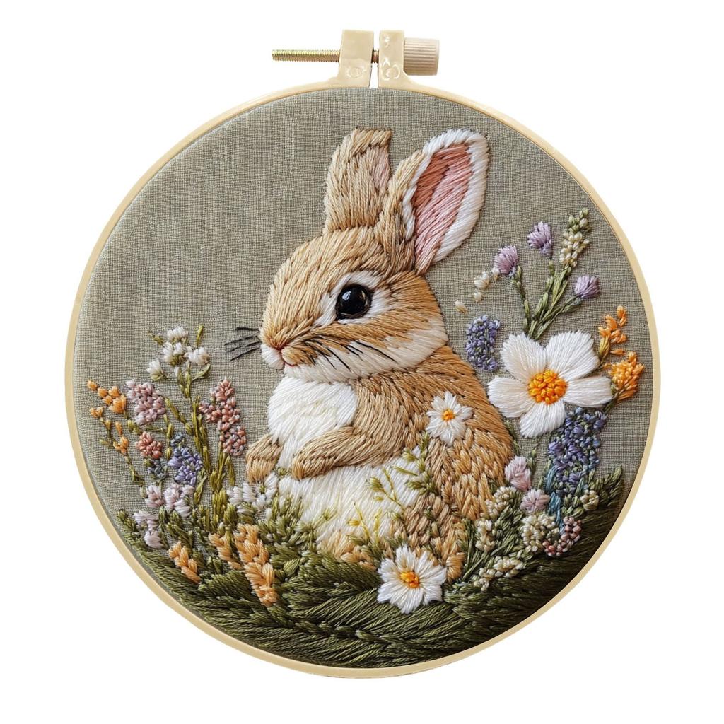 1pc Rabbit and Flower Pattern Embroidery DIY Fabric Craft Set with Tools