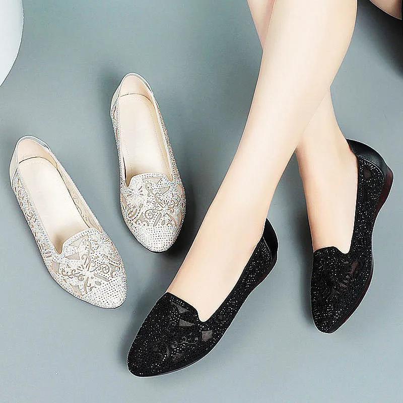Spring Summer Women's Beef Tendon Bottom Soft Leather Shallow Mouth Soft Bottom Low Heel Hollow Women's Shoes Breathable Mesh Women's Single Shoes