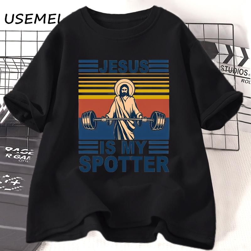 Fitness Jesus Is My Spotter T-shirt Men Casual Vintage Religious Faith Gym T Shirt Christian Funny Faith Tshirt Cotton Clothes