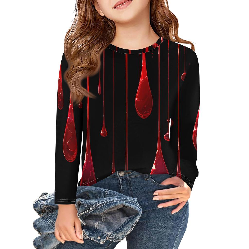 Girls Long Sleeve T Shirts Kids Fall Tops Crewneck Halloween Printed Basic Tees 3-9Y