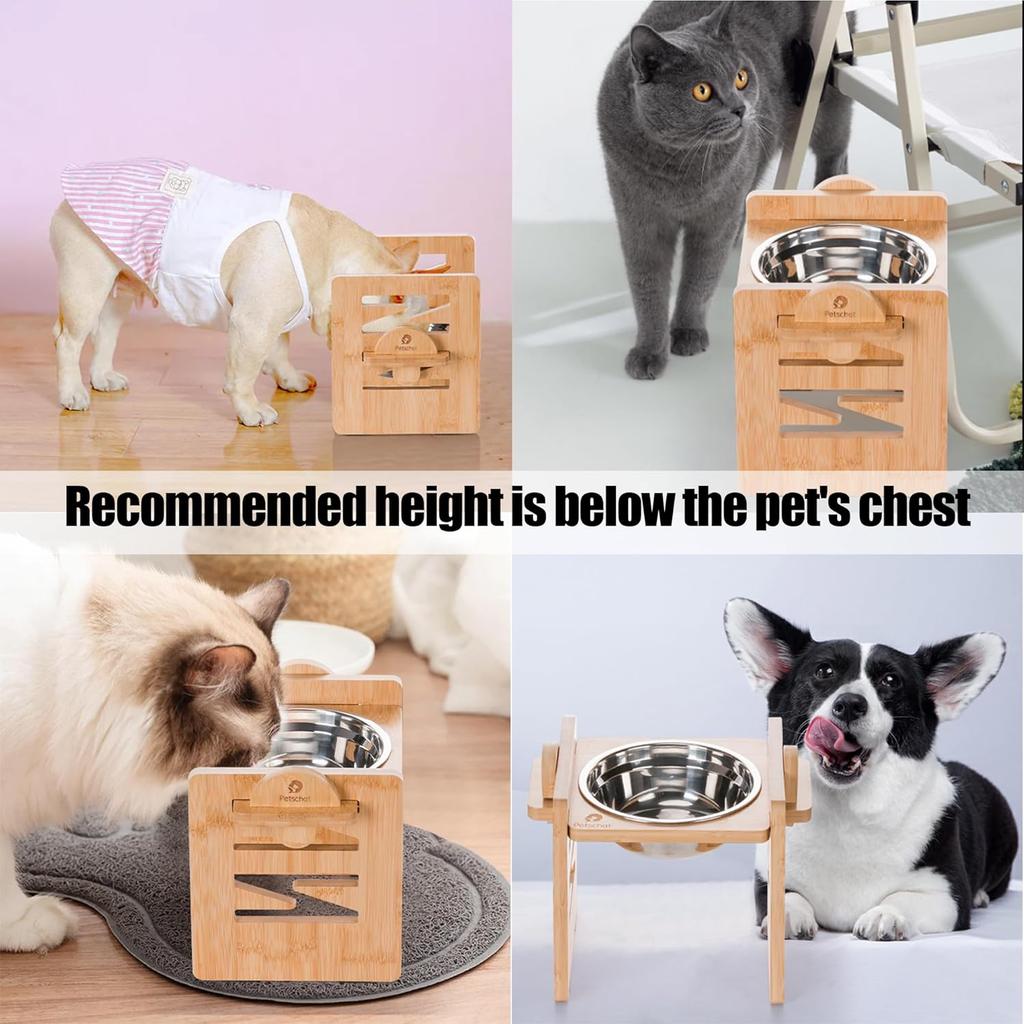 Elevated Dog Bowl, 6 Heights Adjustable Raised Dog Bowl 2.4″-6.7″, with Food Grade 304 Stainless Steel 15 OZ, Bamboo Dog Bowl Stand for Small &