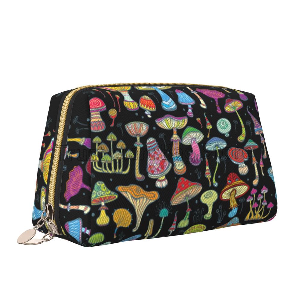 Leather Makeup Bag Colorful Mushrooms Cosmetic Bags Portable Travel Toiletry Bag Zipper Storage Bags for Women Friend Wife Gifts