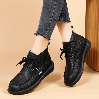 Retro Schnür-High-Top-Damenschuhe, Warme und Samt-Kurzstiefel, Lässige Herbst- und Winter-Leder-Schuhe für Damen mit Anti-Rutsch-Sohle