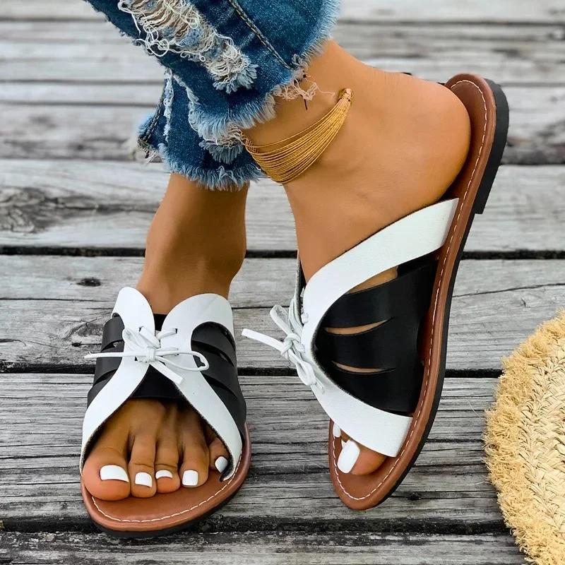 Fashion Women's Shoes 2024 Basic Women Slippers Summer Beach Slippers Women Mixed Colors Cross-tied Outdoor Flat Plus Size Shoes Female