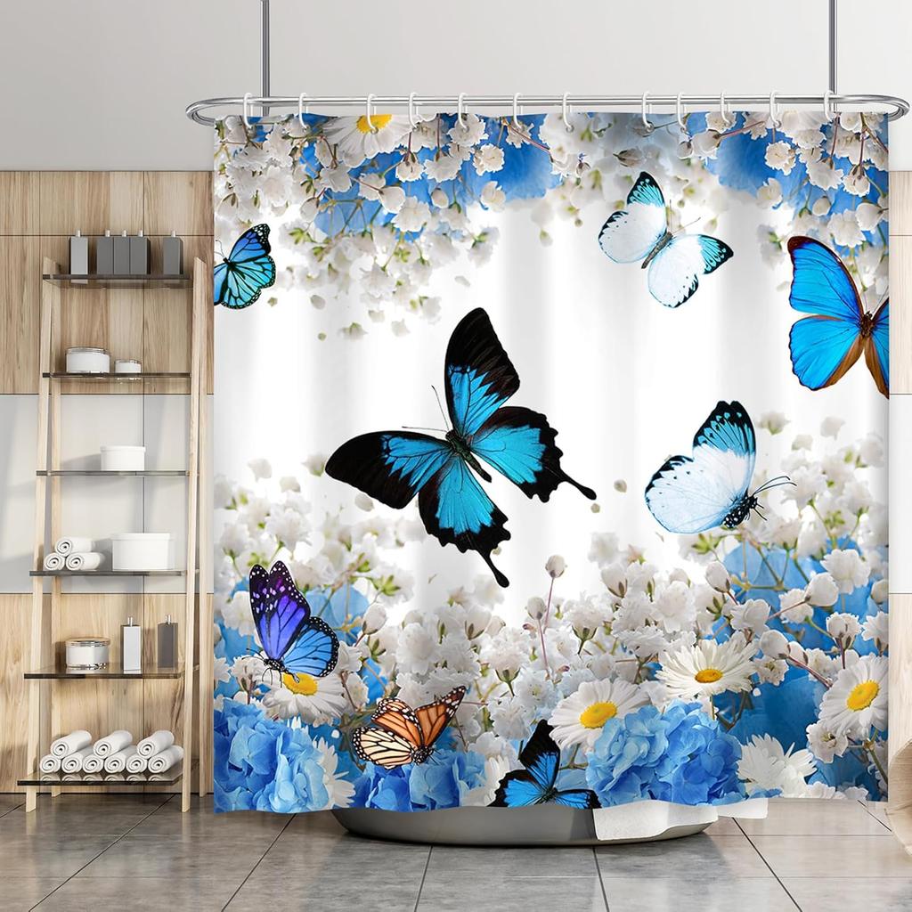 Blue Butterfly Shower Curtain Floral Butterflies Shower Curtains for Bathroom Waterproof Polyester Fabric Bath Curtain