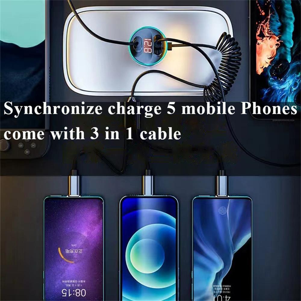 USB Car Charger Fast Charging Adapter with Spring Cable 3 in 1 For Mobile Phones