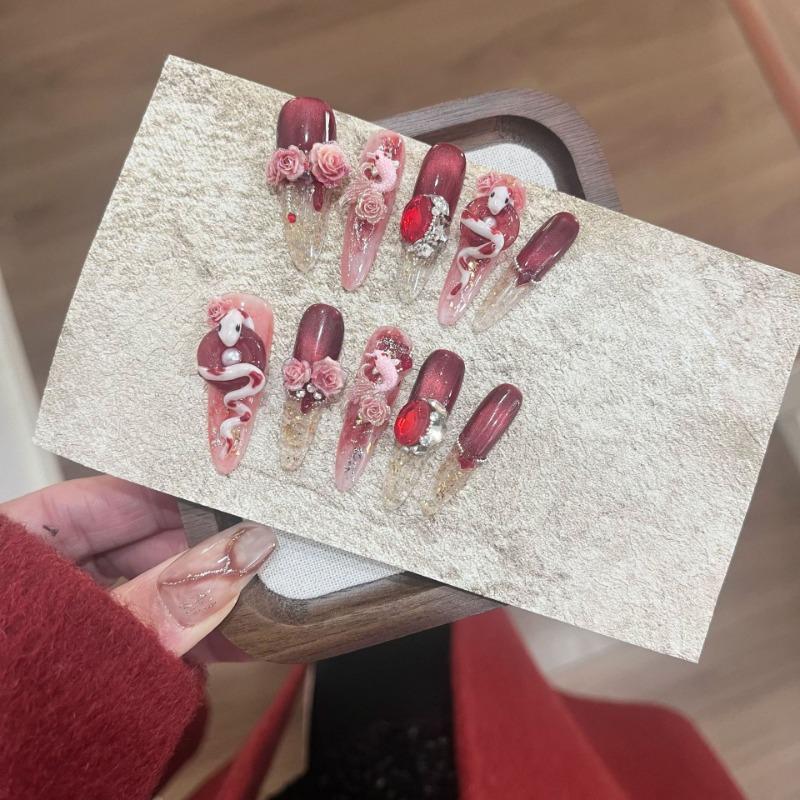 10Pcs Handmade Stiletto Nails Full Cover Lucky Snake Rhinestone Rose Wearable Artificial Almond Acrylic Manicure for Women&Girls