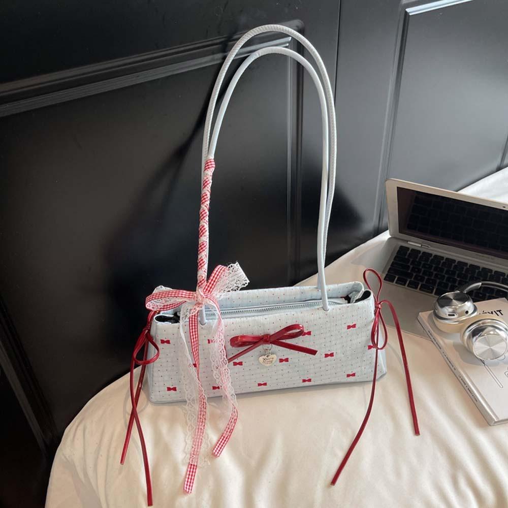 Contrast Color Bow PU Shoulder Bag Sweet Underarm Bags Shopping French Stick Handbag  School