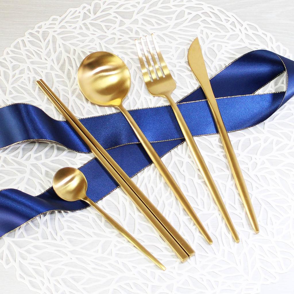 LEREVE Brand Cutlery 10 Colors Dinner Cutlery Gold Set, Arete, Available, Knife, Fork, Spoon, Teaspoon, Chopsticks, 5-Piece Set,
