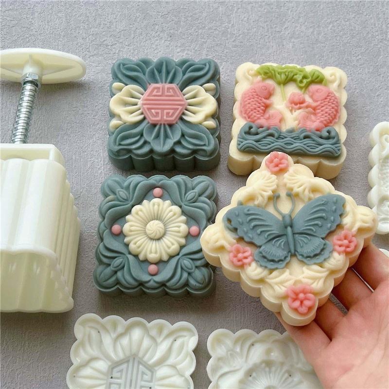 Mooncake Stamps Flowers Shaped Moon Cake Mold Set Festival DIY Hand Press Tools
