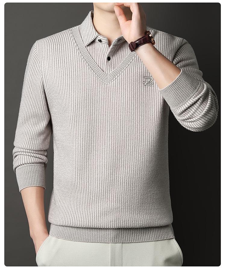 Men's 2025 Winter Knit Sweater with Shirt Collar - Plus Velvet, Thick, Warm, Long Sleeve, Fake Two-Piece Design for Middle-Aged