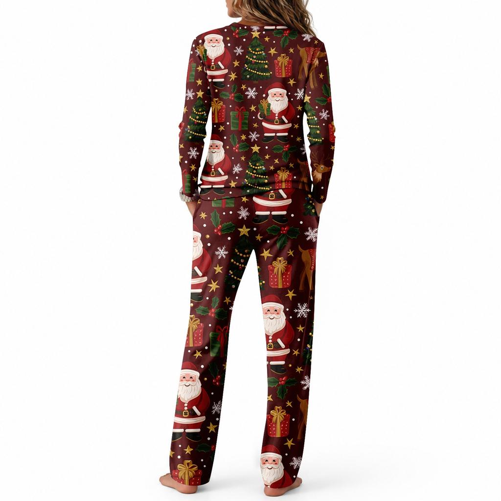 Neck Long Sleeve Wide Leg Pajama Set for Casual Loungewear