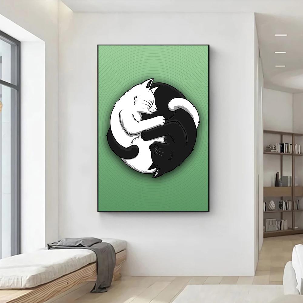 Tai Chi Balance Schwarz-Weiß Katzenabzüge Poster Leinwandbild Moderne Wandkunst Bilder Wohnzimmer Schlafzimmer Heimdekoration