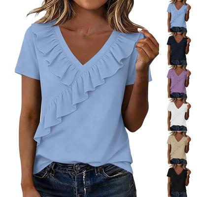Hauts Décontractés à Manches Courtes pour Femmes Haut à Volants Col en V Chemise
