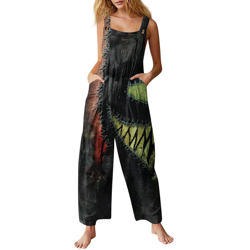 Women's Fashion Halloween Print Casual Vintage Sleeveless Button Jumpsuit