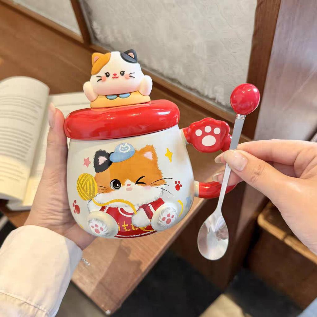 Cat Mug with Lid Spoon High Value Cute Cup Ceramic Water Cup for Women Home Large Capacity Breakfast Cup for Children