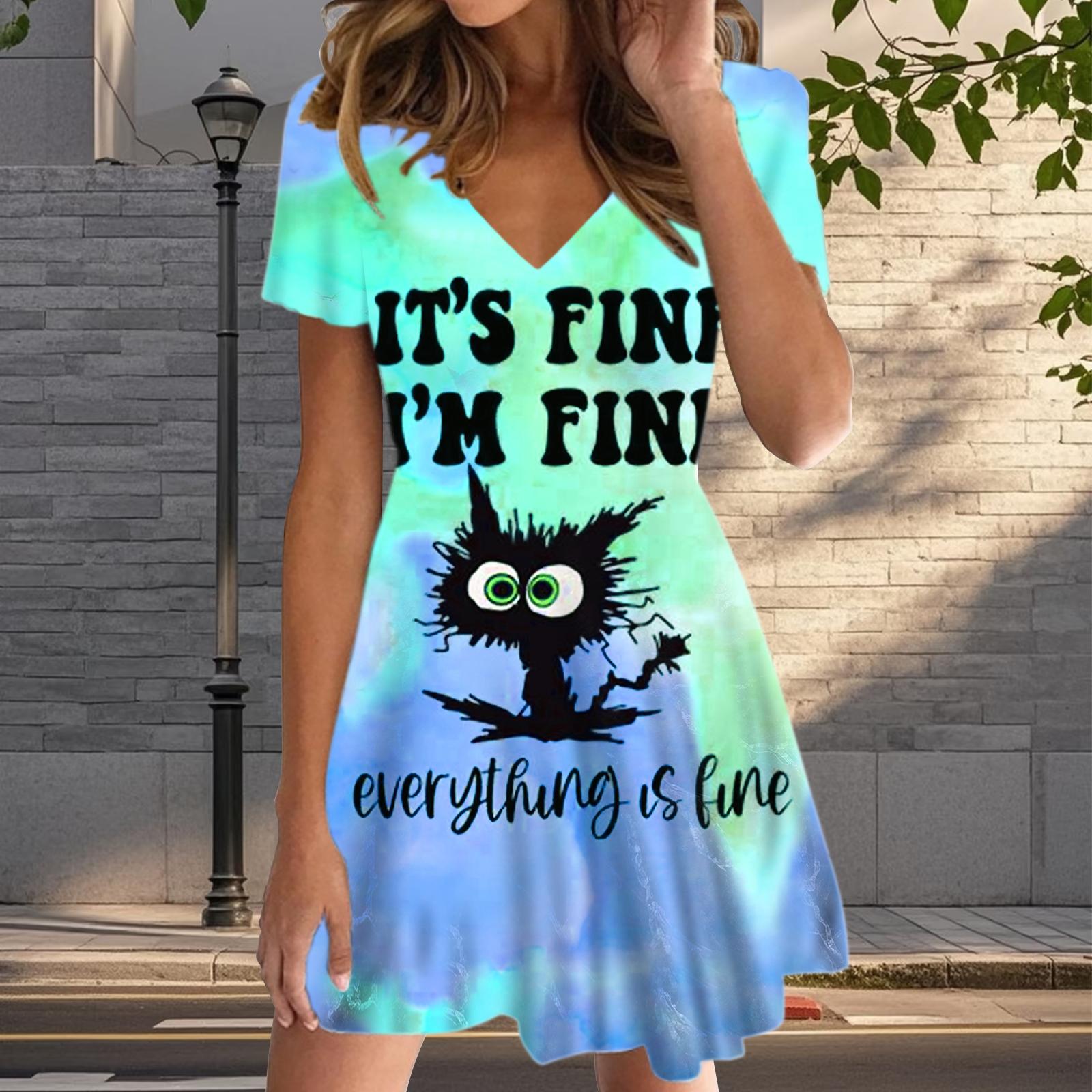 

Летняя мода женские V-образный вырез короткий рукав жареный котенок принтованное платье сексуальные короткие юбки платья S синий