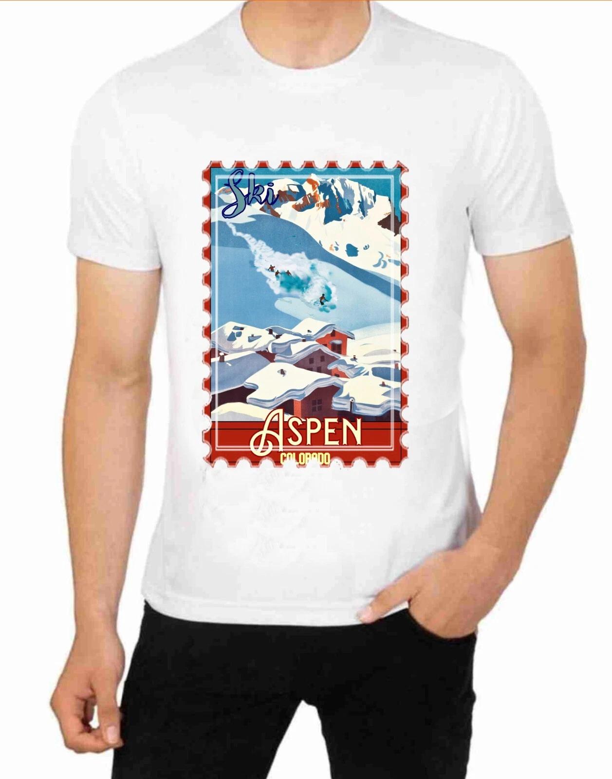 Aspen Ski Resorts Skiing Art on A T-Shirt Art Vintage Travel Poster Art XL