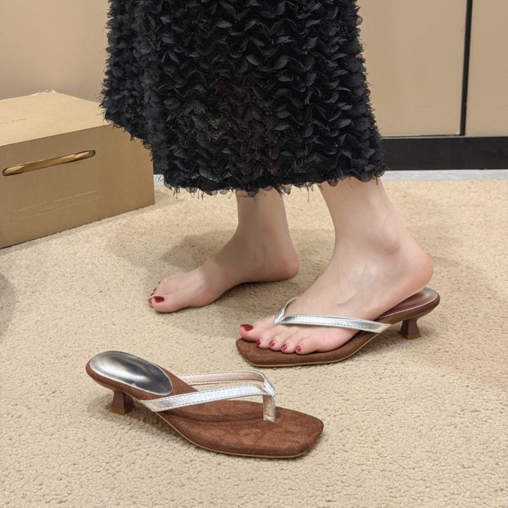 Summer New Soft Leather Square Toe Cat with Flip-flops Women Fashion Thin Belt Thin Heel Soft Sole Flip-flops