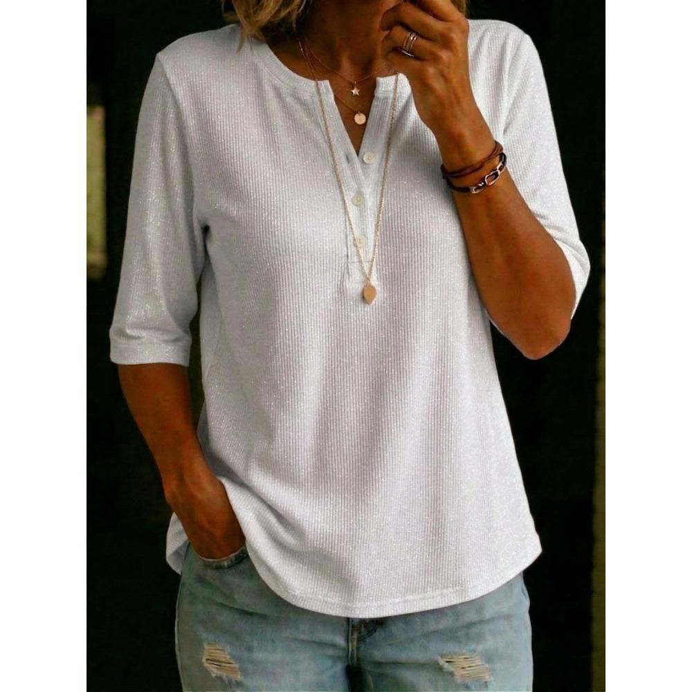 Damen Henley-Hemd mit V-Ausschnitt, Dreiviertelärm, locker, lässige Bluse