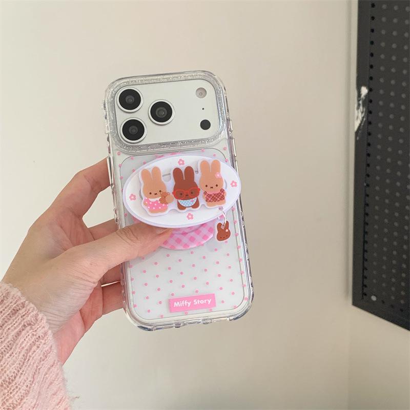 Polka Dot Plaid Rabbit Magnetic Stand Case for iPhone 17/16 Pro Max/15 Pro