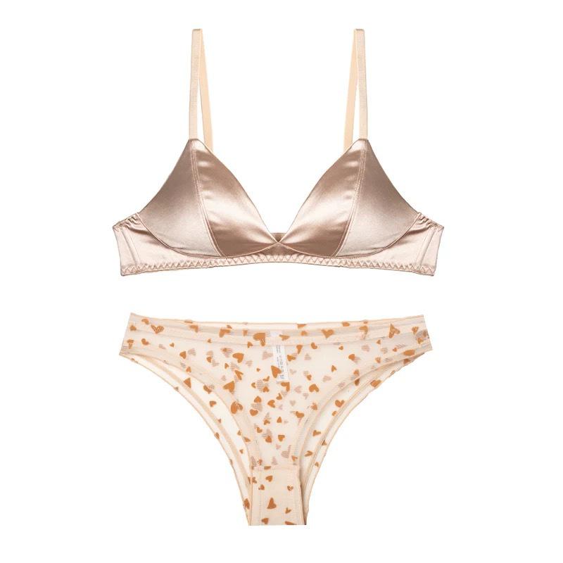 French Satin Triangle Cup Seamless Lingerie Set - No Steel Ring, Available In Small & Large Sizes