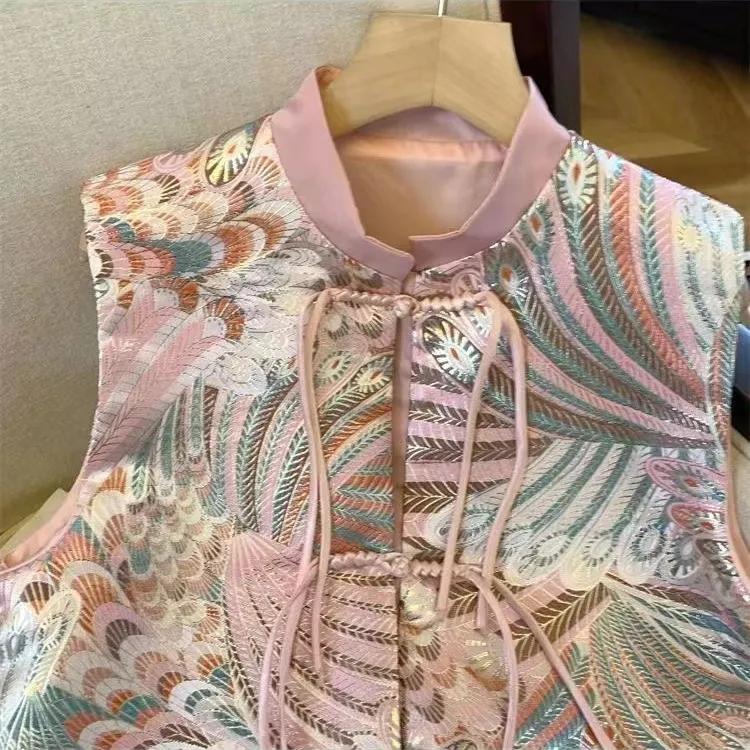 Jarní a podzimní vesta ve stylu Vintage pro ženy Přezka ve stylu Tang Elegantní květinový design