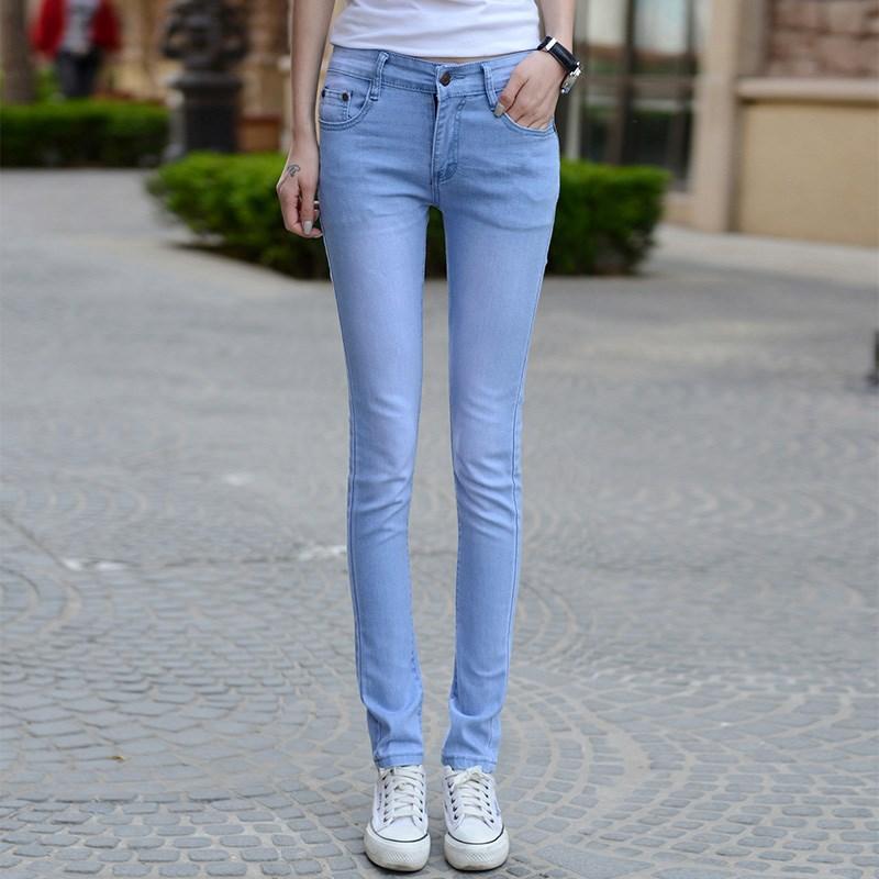 New Autumn and Winter Large Size High Waist Sky Blue Solid Color Jeans Women's Trousers Elastic Trousers Women's