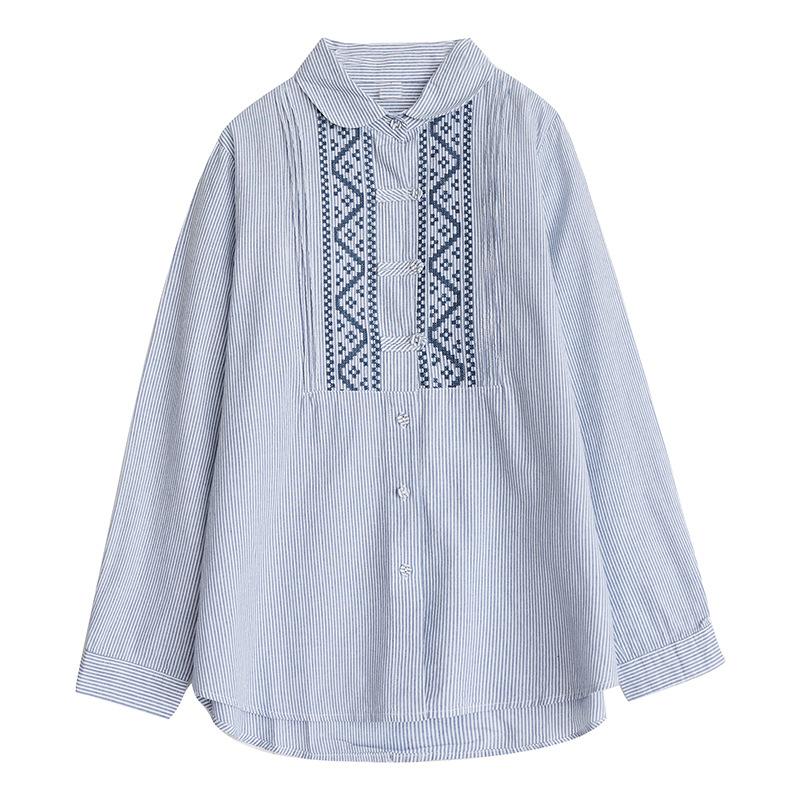 Autumn Commuting Ethnic Style Embroidery Design Sense Niche Button Slimming Striped Long Sleeved Shirt for Women Blouses & Shirts