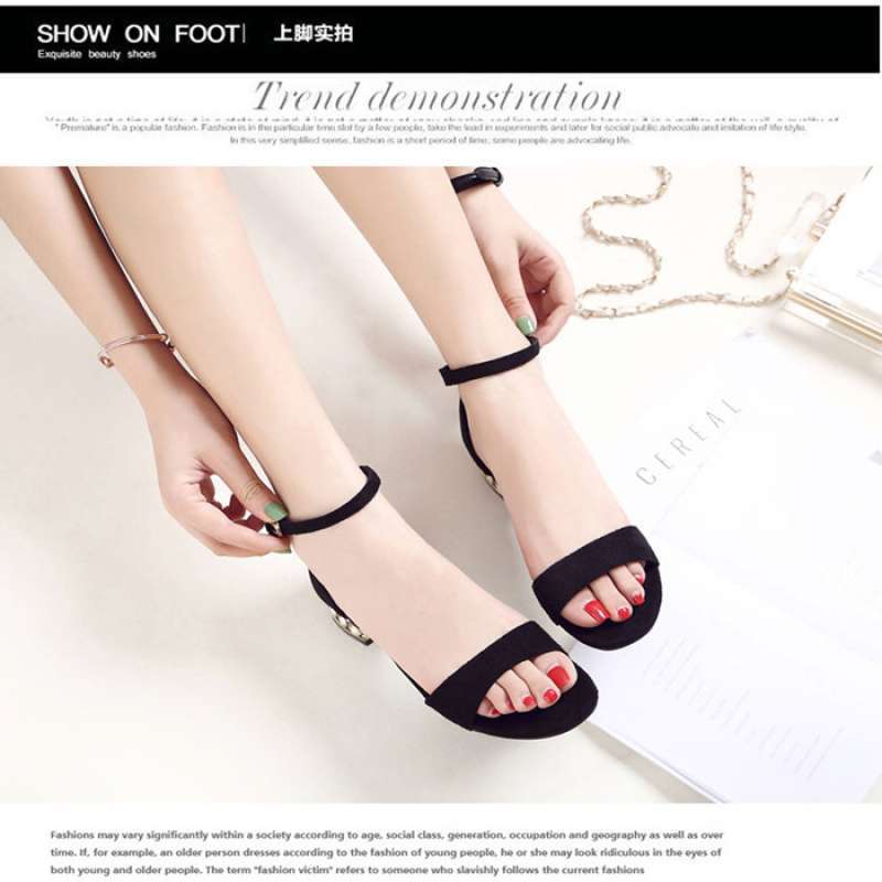 Flat heel black sandals women's summer flat bottom medium heel low heel versatile 2025 new one-word buckle pearl thick heel women's shoes