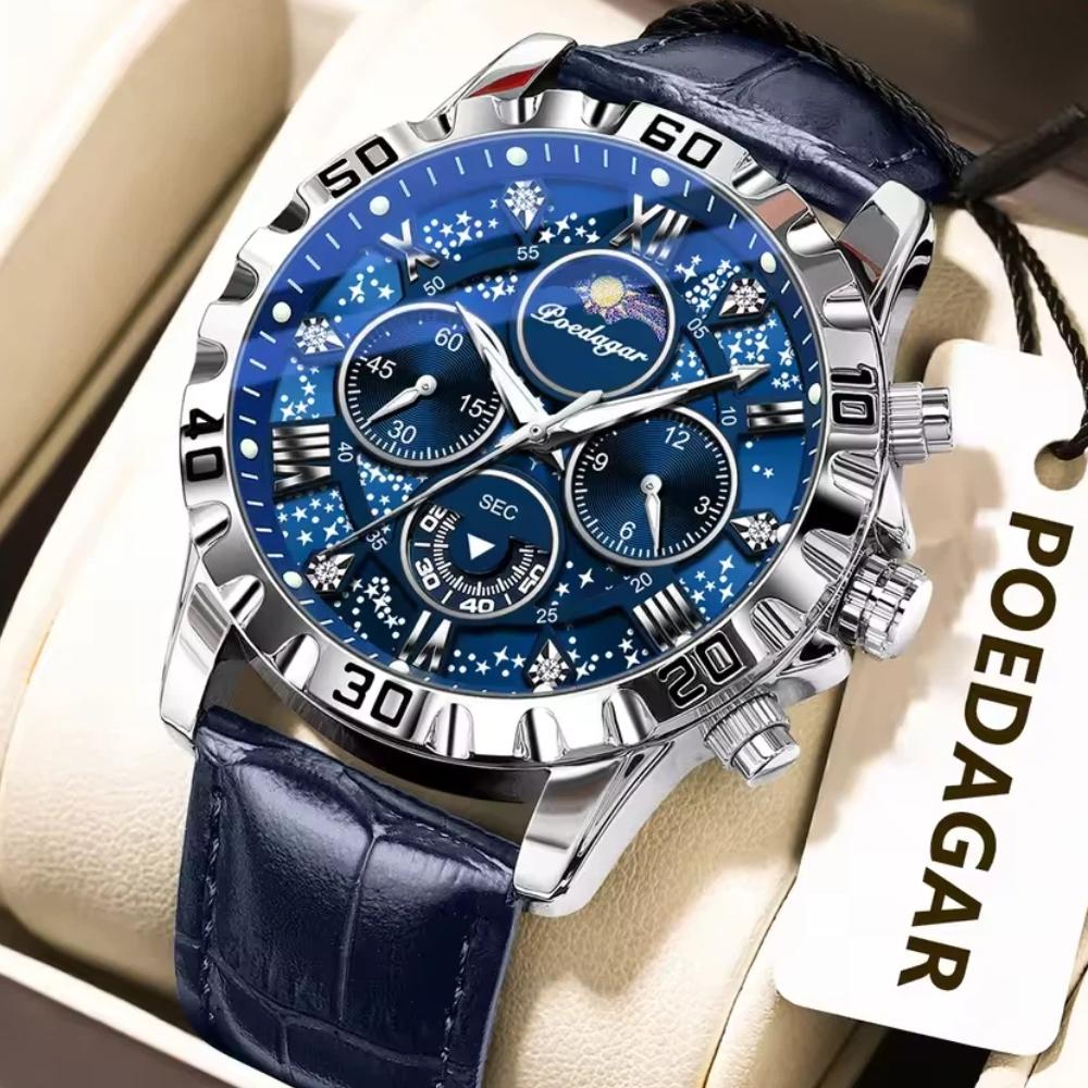 POEDAGAR Original Military Man Wristwatch Waterproof Luminous Chronograph Leather Strap Watches for Men Quartz Watch Reloj