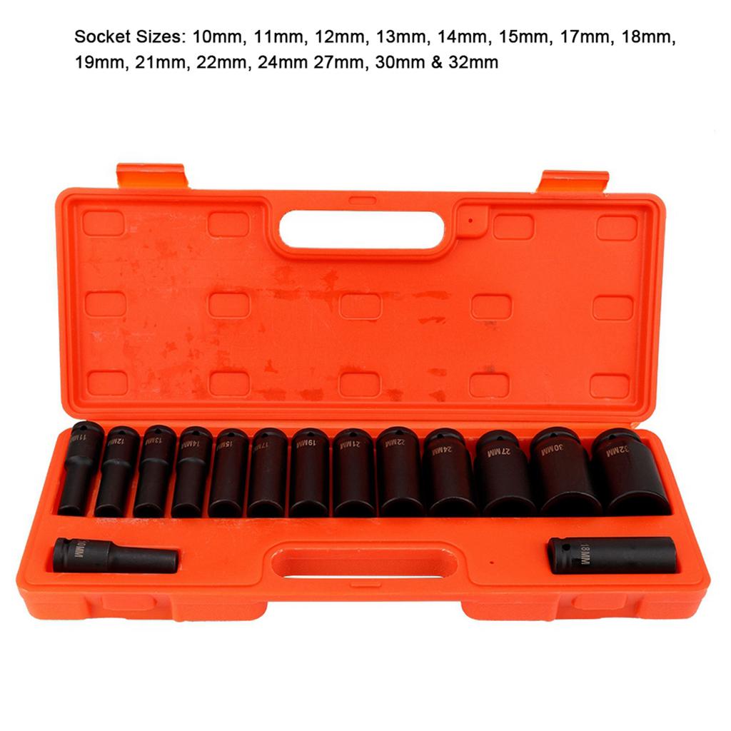 15 PCS/SET SET DRIVE   SOCKET, 1/2 Inch     Socket Tools 10-32 Mm for Garage Workshop