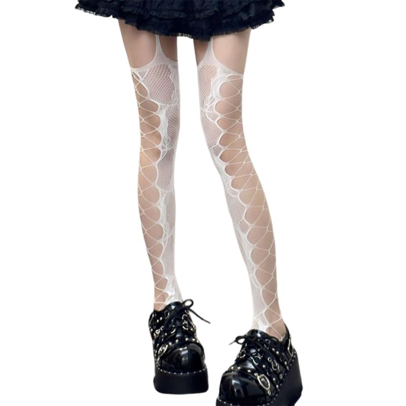 Women Aesthetic Sexy Side Crisscross Hollowed Out Thigh Stockings Tights Goth Rose Flower Patterned Suspender Pantyhose
