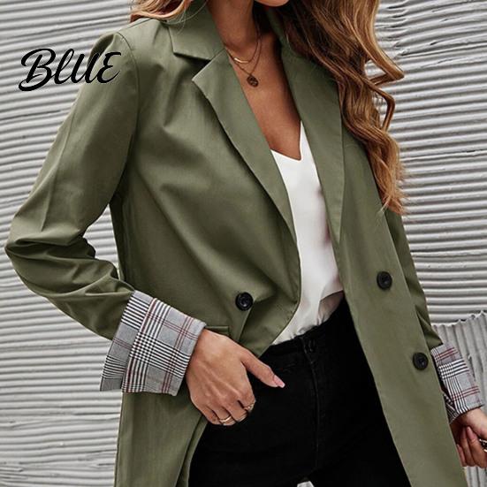 Suit Jacket Women Coat Lapel Long Sleeve Striped Cuffs with Double Breasted Business Outwear Flap Pockets Solid Color Loose Fit