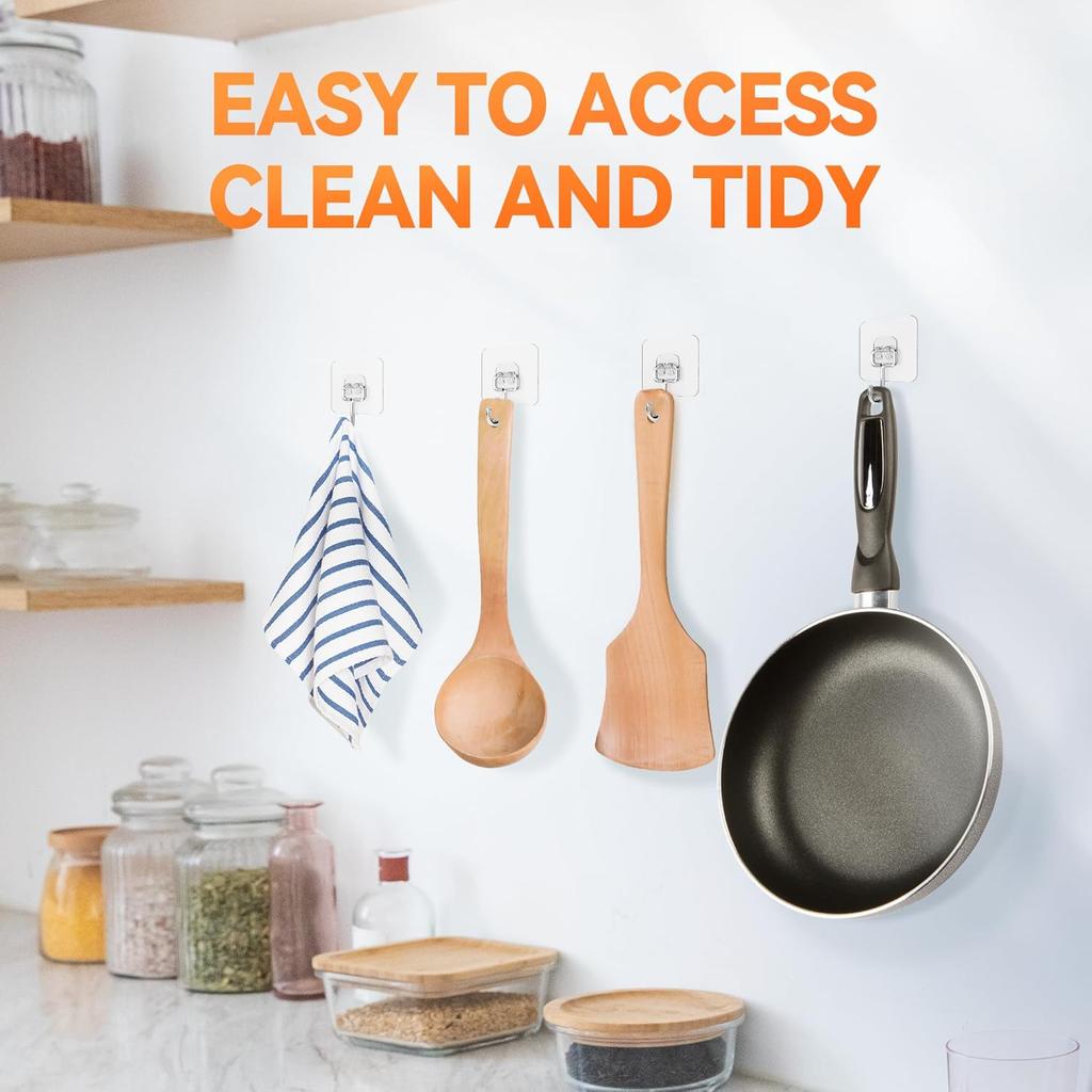 Transparent Heavy Duty Adhesive Hooks for Walls - Clear Hooks for Hanging, No Damage, Strong for Heavy Duty Use, Ideal for Kitchen