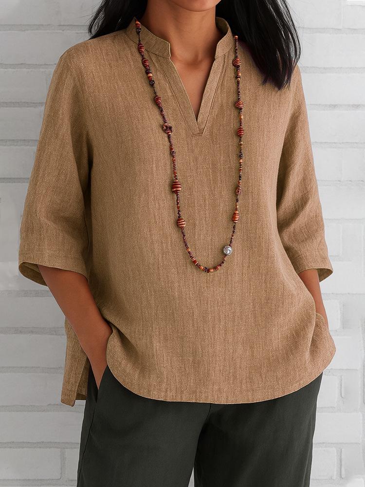 2026 European & American Women's V-Neck, 3/4 Sleeve Cotton Linen Loose Casual Top