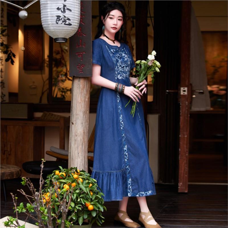 Johnature Woman Spring O-Neck Short Sleeves Cowboy Personality Dress Niche Embroidery Loose Retro Dress