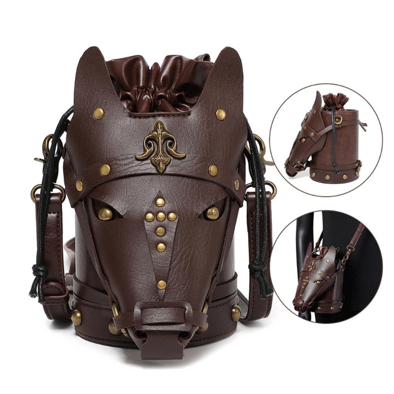 Womens Medieval Vintage Horse Head PU Leather Crossbody Bag Shoulder Bucket Bag Drawstring Pouch for Costume Parties