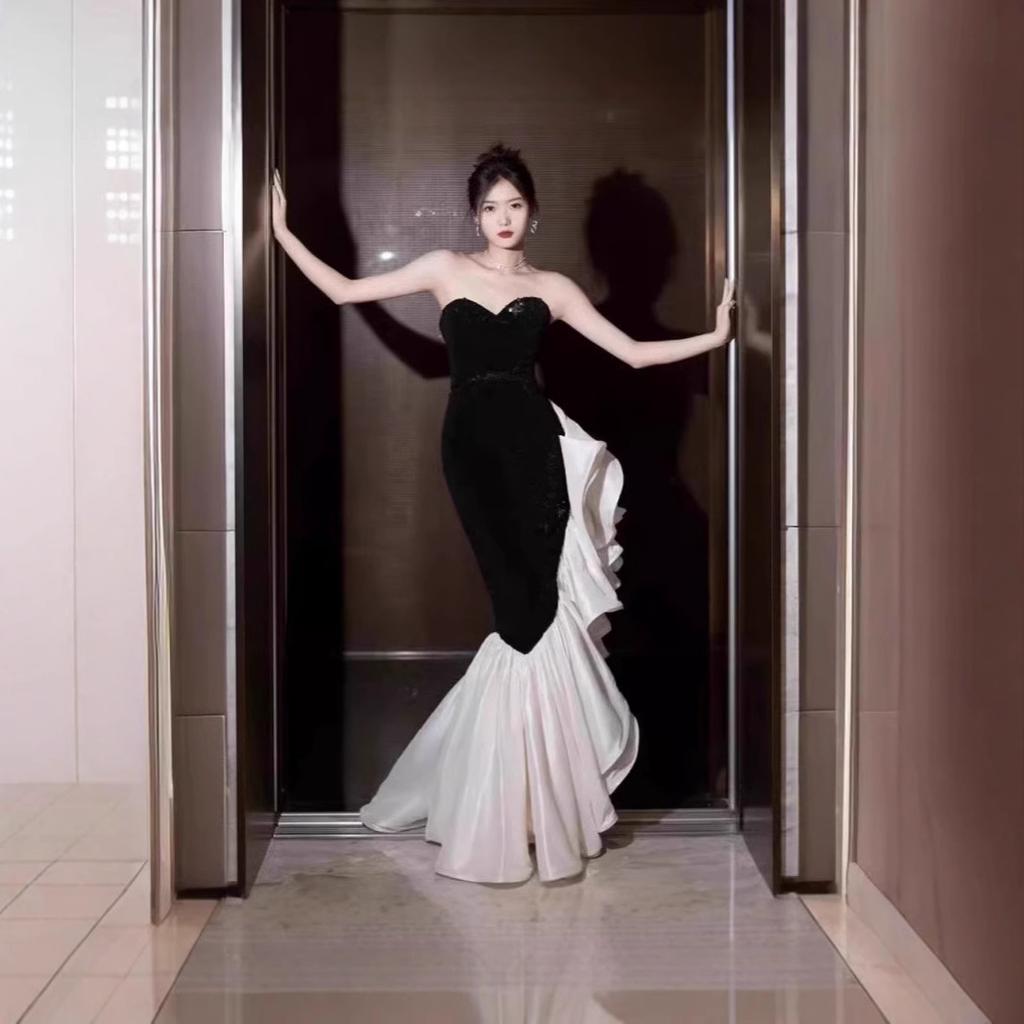 Tube Top Evening Dress Dress High-end Light Luxury Niche High-end Sense Black Sequin Fishtail Design Sense Annual Meeting Dress Women