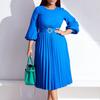 Elegante Faltenkleider O-Ausschnitt Langarm Gürtel Taille Große Größen Xxxl Wadenmitte Luxuriöses Damen-Partykleid