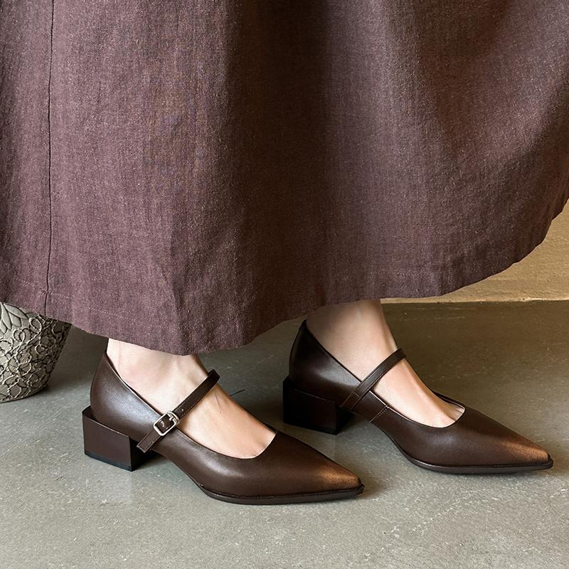 Fashion 2025 New Spring Women Pumps Pointed Toe Genuine Leather Women Shoes Buckle Strap Mary Janes Ladies Shoes Cowhide Leather