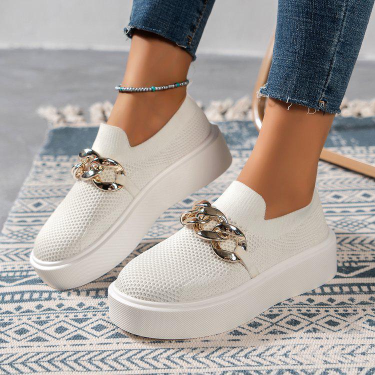Chunky Sole Fly-Knit Slip-On Loafers with Chain Decoration - Women's Breathable Low-Top Shoes