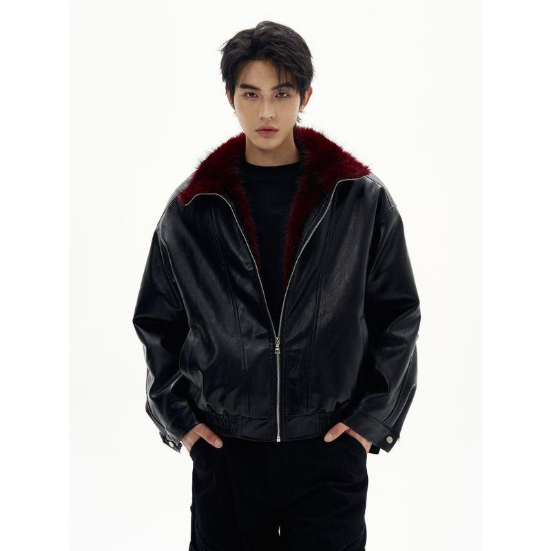 Kisko American-Style Trendy Brand Faux Fur Collar Pu Leather Cotton Jacket for Men and Women, Cool and High-End, Fleece-Lined and Thickened for Warmth