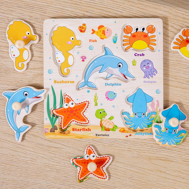 Wooden Puzzles Montessori Baby Toys Cartoon Animal Fruit Traffic Hand Grab Boards Cognition Jigsaw Puzzle Kids Educational Games