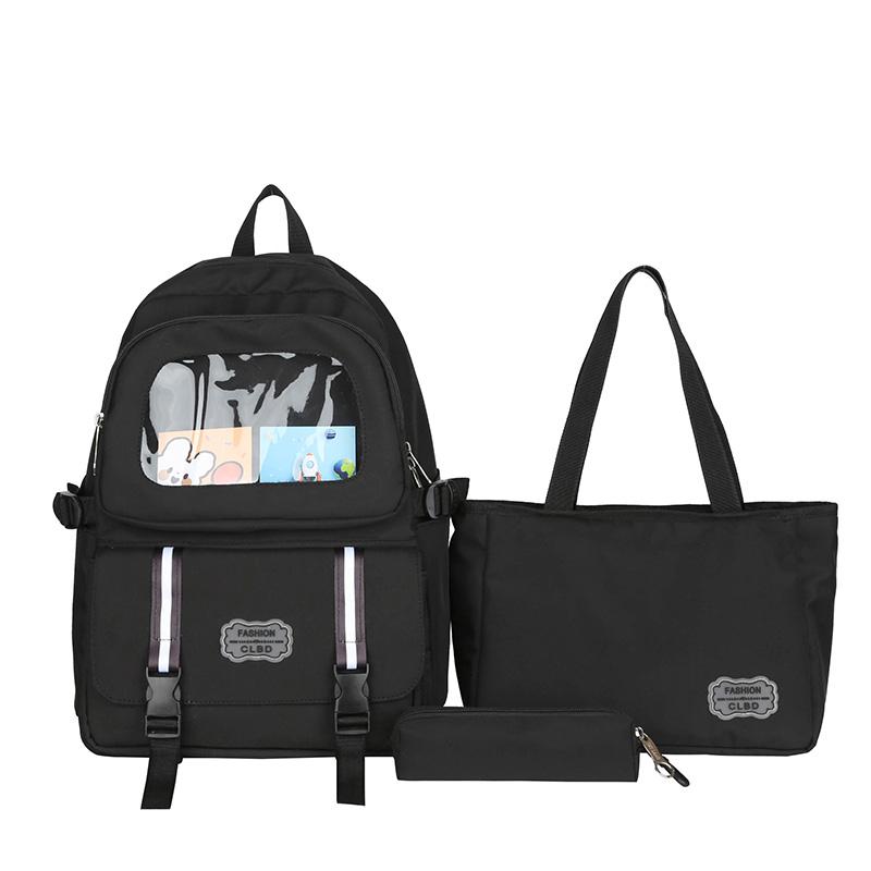 Three-Piece Backpack Set Student Schoolbag Women Solid Color Large Capacity Backpack with Lunch Bag Pen Bag