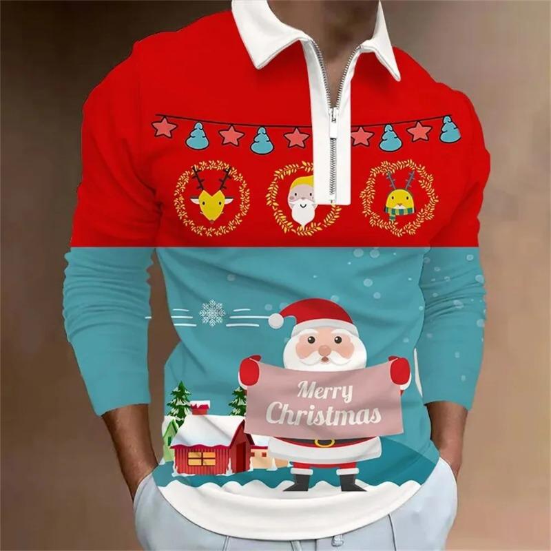Men Fashion Spring Autumn Polyester Zippo Polo Shirt  Christmas 3D Digital Print Casual Polo Shirt Tops