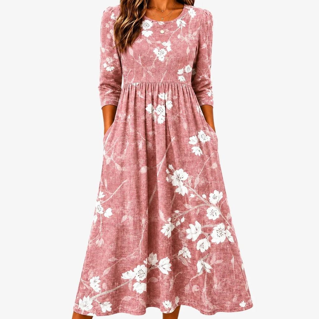 Spring and Summer 2026 New Round Neck 7-point Sleeve Casual Loose Long Printed Dress - Bamboo Hemp