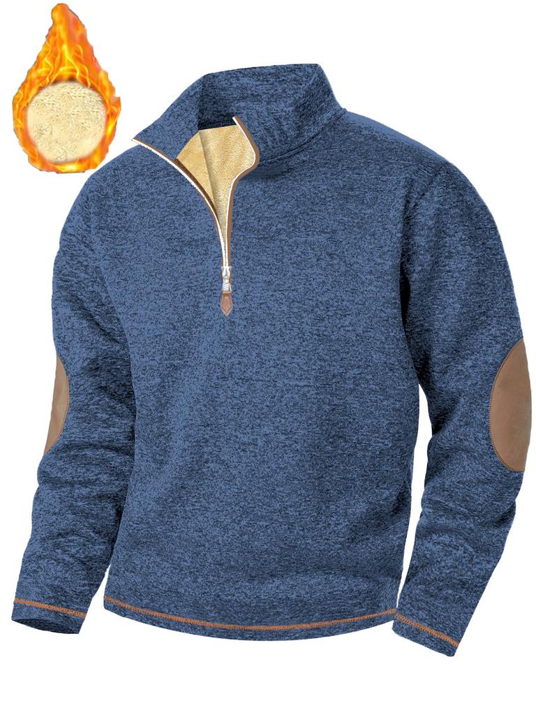 Autumn New Men's Casual Quarter Zip Fleece Lined Sweatshirt with Elbow Patches Solid Color Warm Sportswear Male Fashion Outerwear